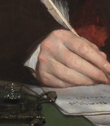 His left hand rests on the paper, providing a stable anchor for his writing.