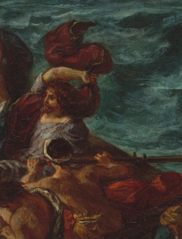 The most kinetic gesture in the boat , an appeal to heaven that doubles as a structural diagonal pulling the eye from Christ up into the storm.