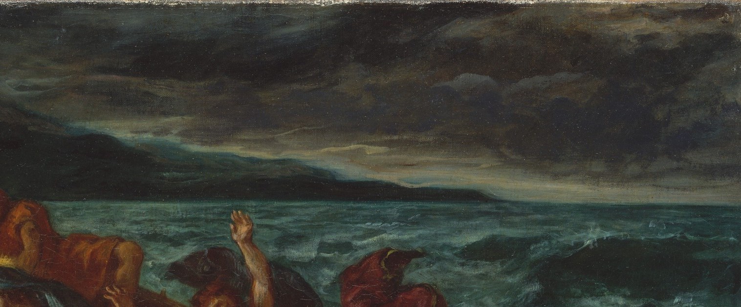 The cloud mass shifts from near-black at the zenith to blue-grey near the horizon , atmospheric compression that makes the boat feel trapped rather than merely at sea.