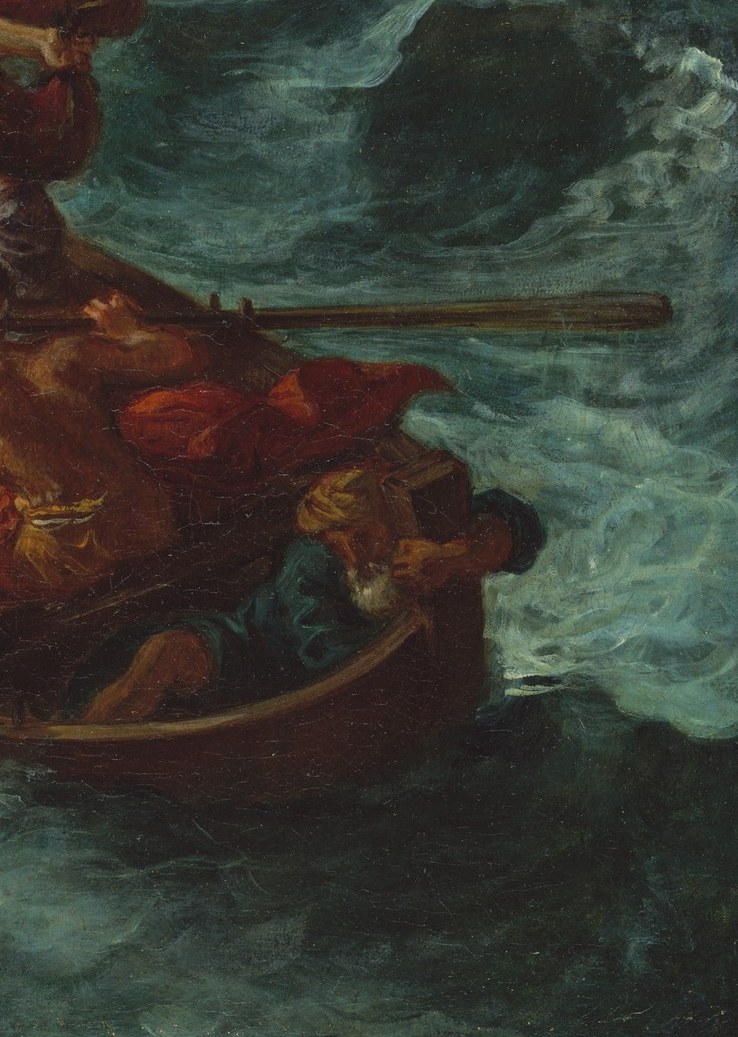 Delacroix built the whole scene out of blue, green, purple, and red.