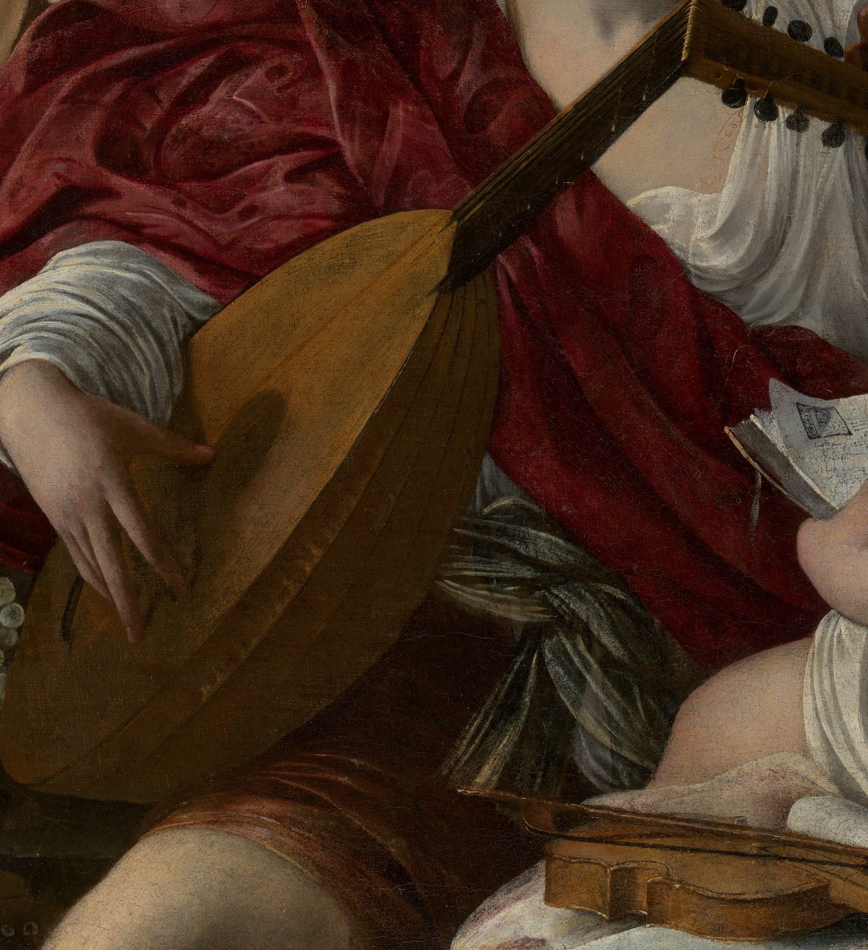 Stave construction and rose detail are painted with instrument-maker precision; the lute is identifiable to type and era, making it a historical document of Roman lute craft ca. 1595.