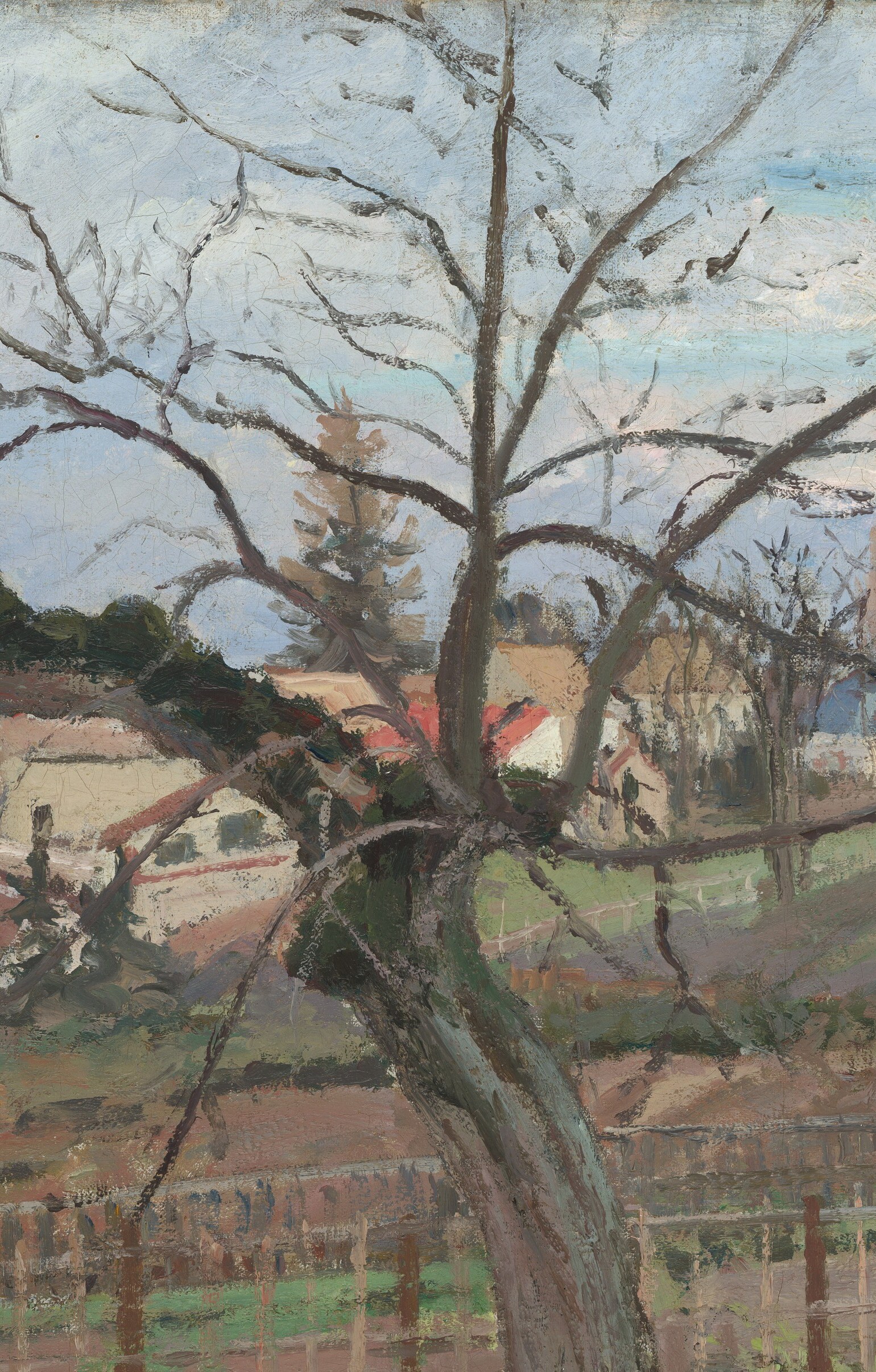The compositional anchor , its skeletal winter branches spread against pale sky, making the whole painting feel like a held breath between seasons.