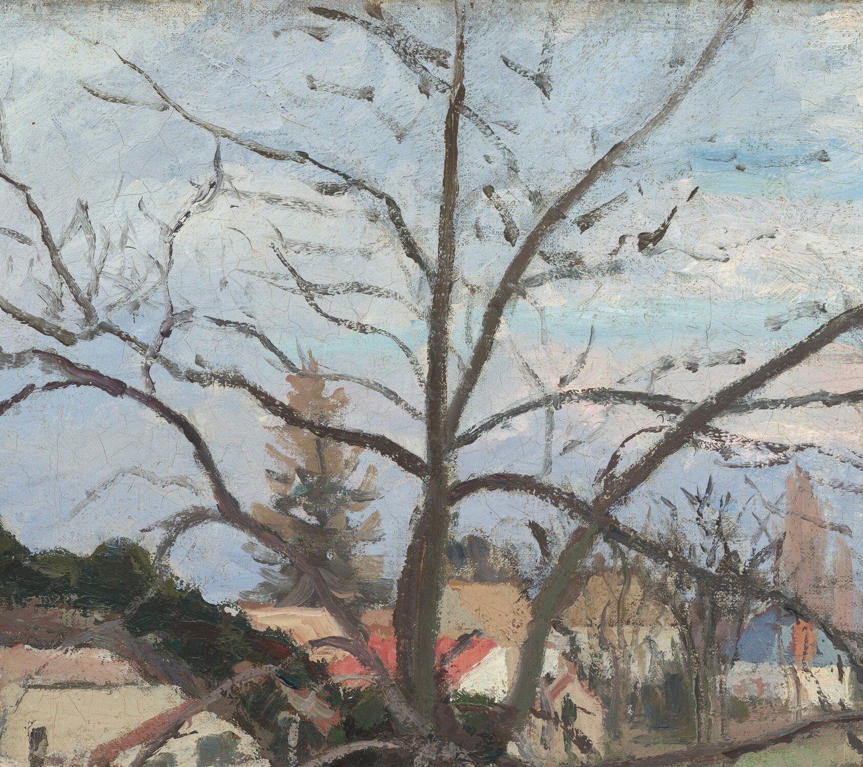 Notice the delicate tracery of bare branches against the pale sky.