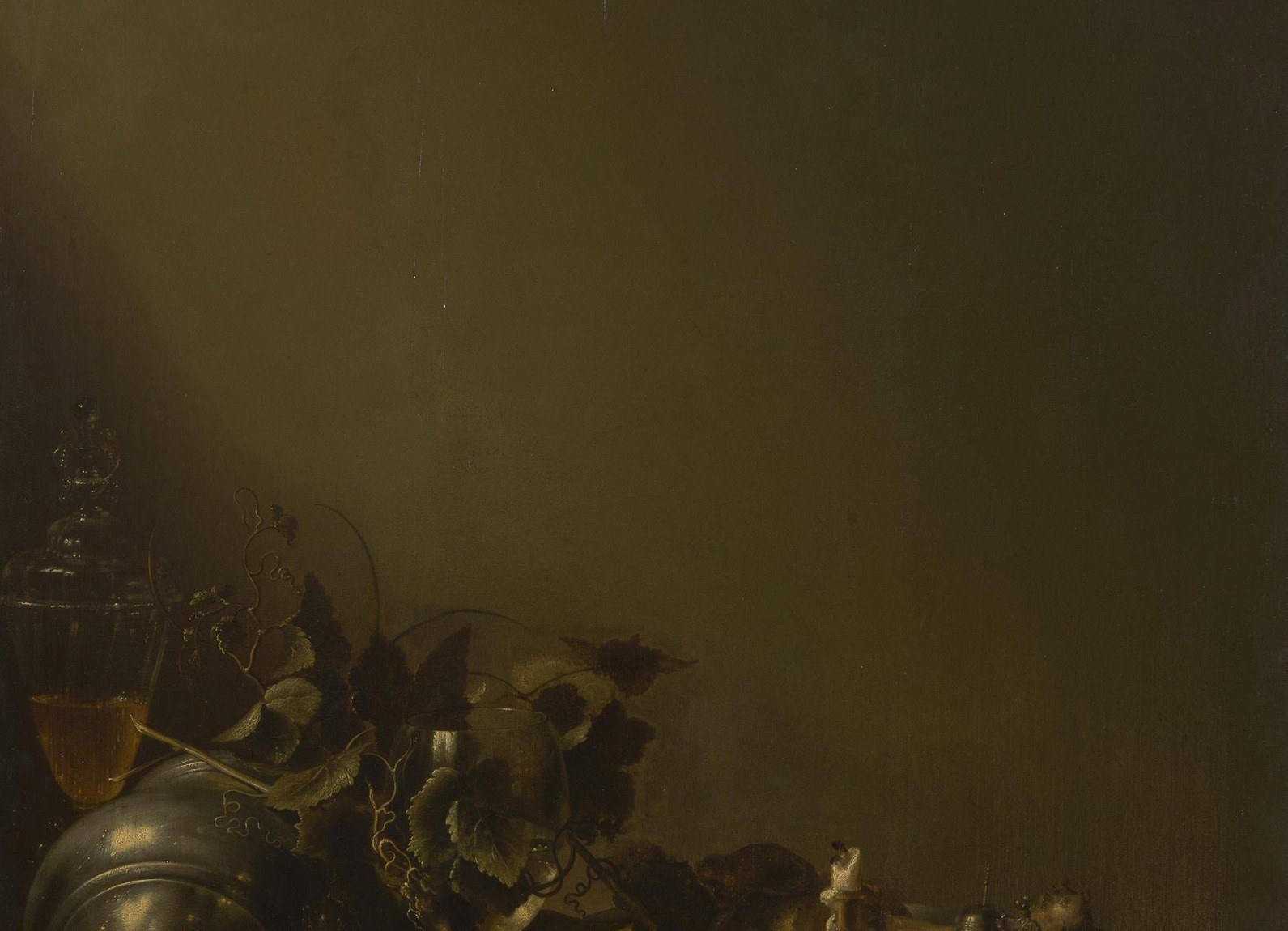 The deep shadows create a dramatic contrast, making the illuminated objects stand out.