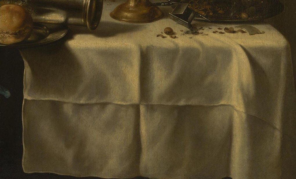 The artist's skillful rendering of fabric texture and light creates a sense of volume and tactility.
