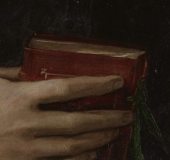 His dark garment and prominent red book suggest status.