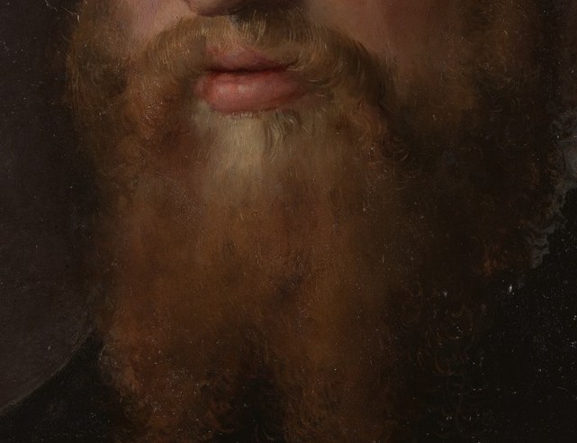 The detailed rendering of the beard adds texture and a sense of realism to the portrait.