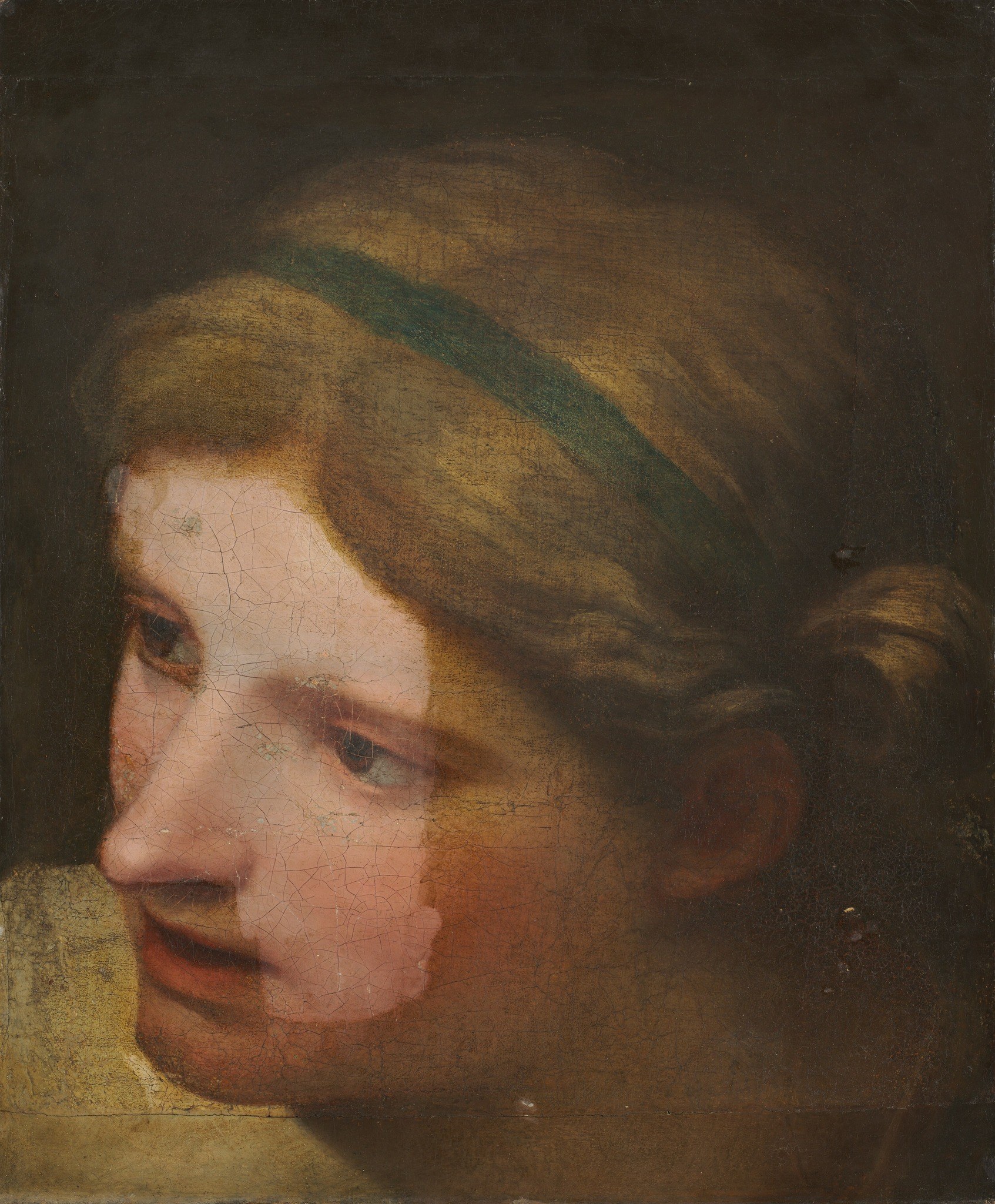 The painting is oil on canvas, nearly 500 years old.