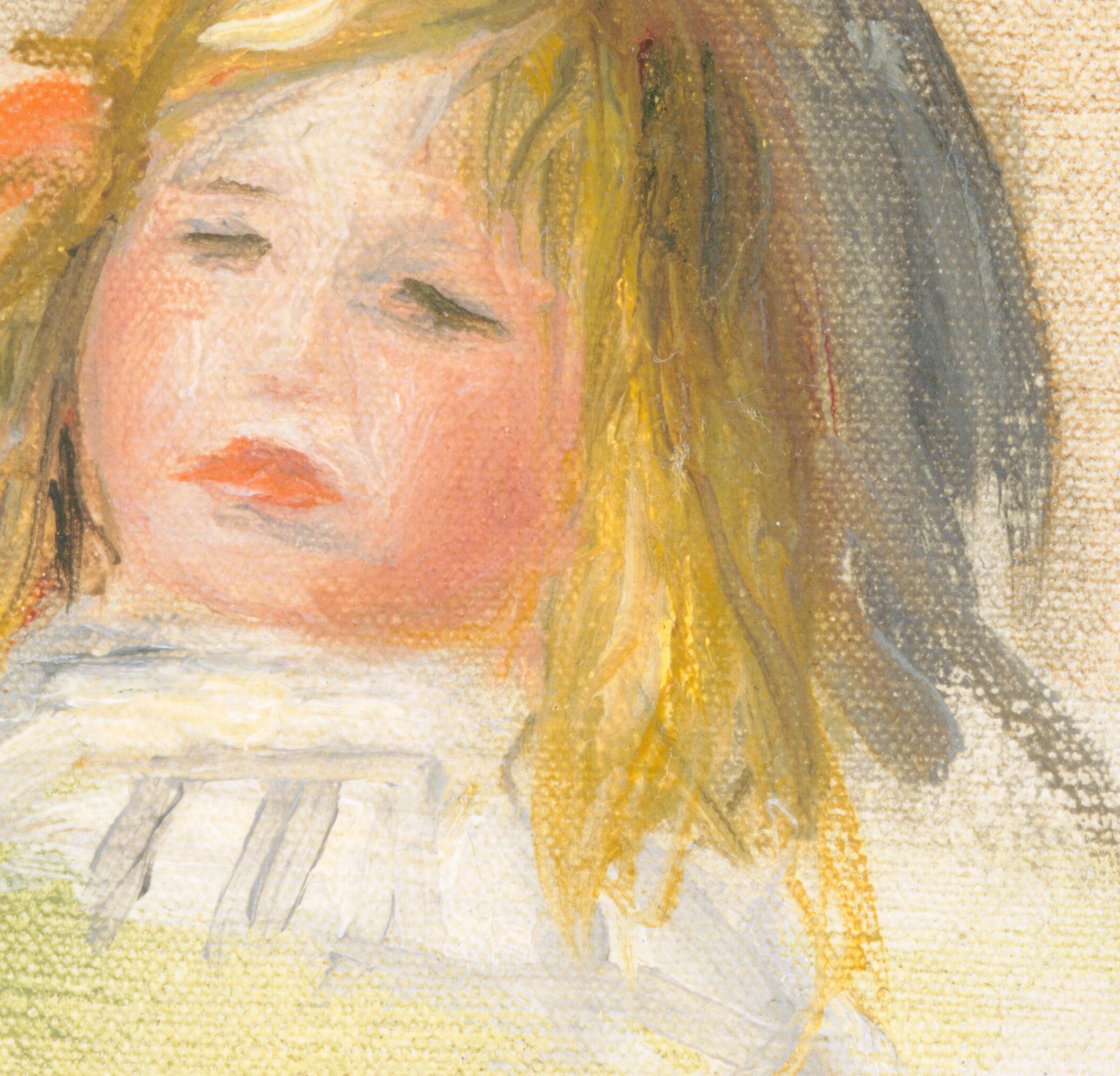 The loose brushstrokes capture the light and texture of the hair, giving it a luminous quality.