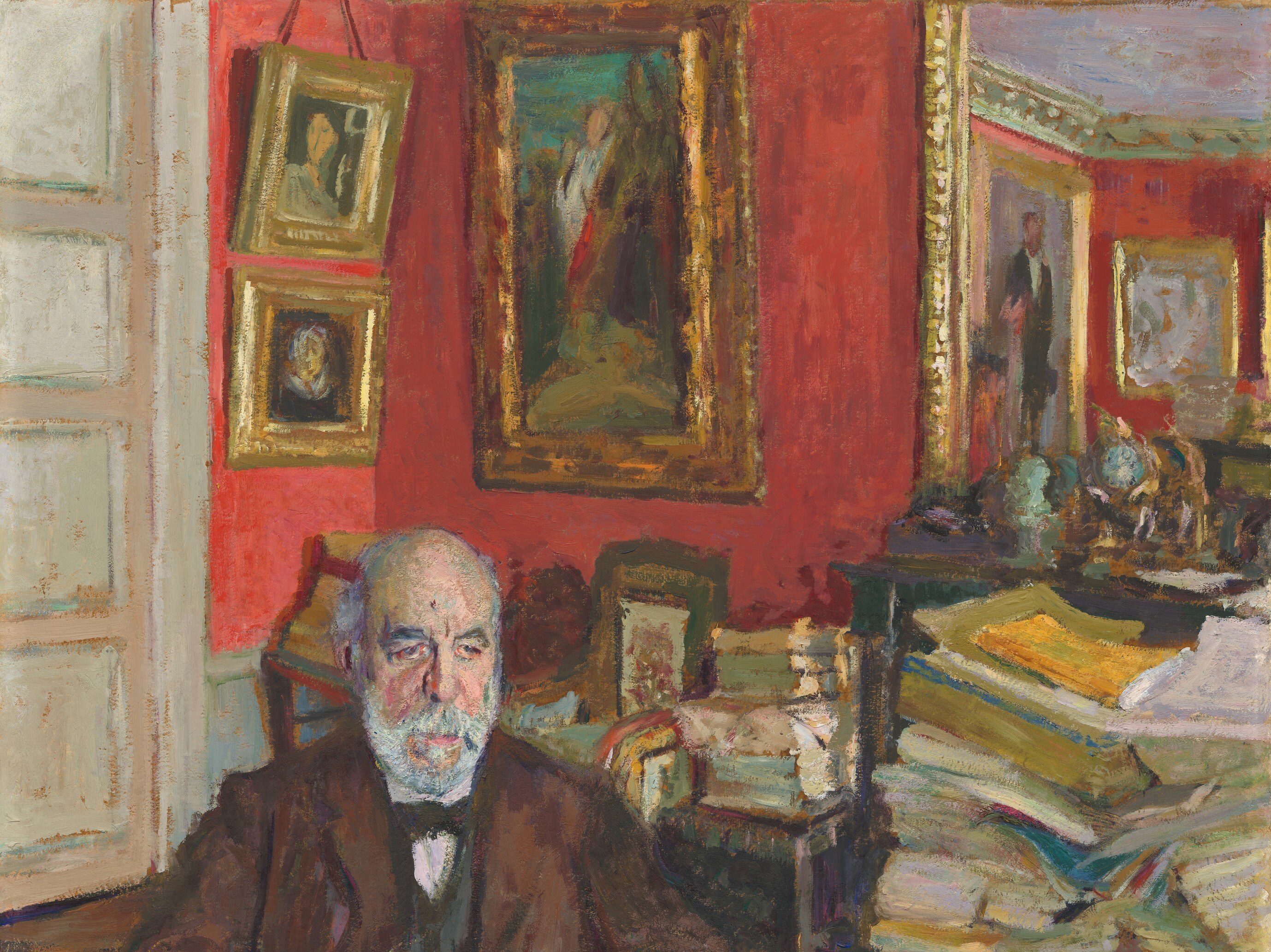 Vuillard's saturated red background flattens perspective in a characteristically Nabi manner, pulling the sitter forward out of deep space.