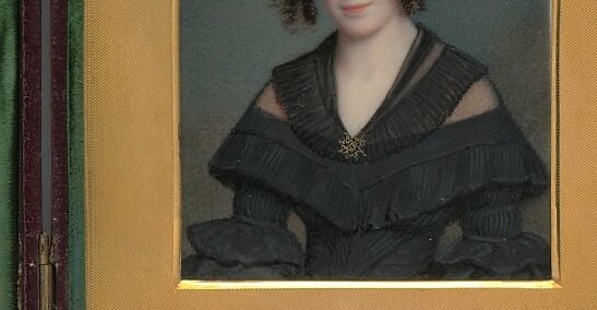 The rich, dark fabric and detailed ruffles of her dress suggest status and fashion of the era.
