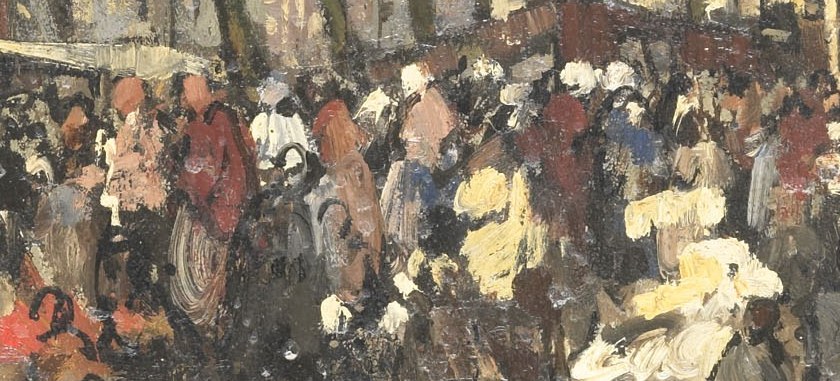 The market stalls are full of goods, and shoppers fill the square.