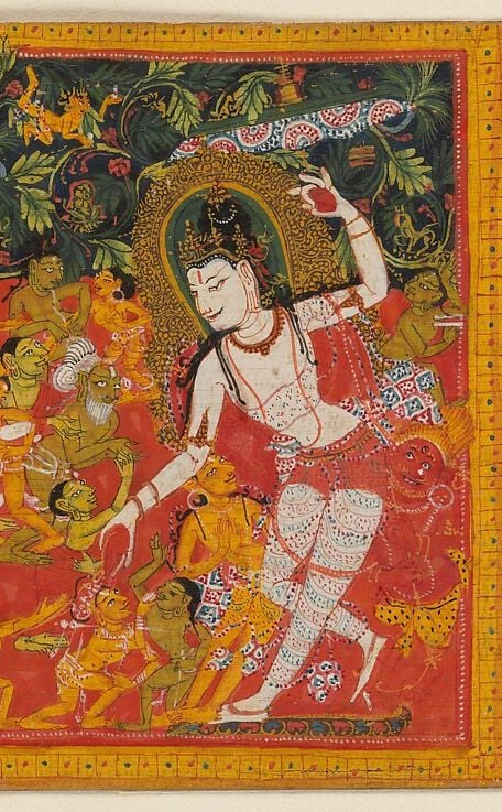 The dominant figure , tall, pale-skinned, multi-armed , commands the composition; its upraised arm and dynamic stance convey active divine power rather than meditative stillness, unusual for palm-leaf manuscript iconography.