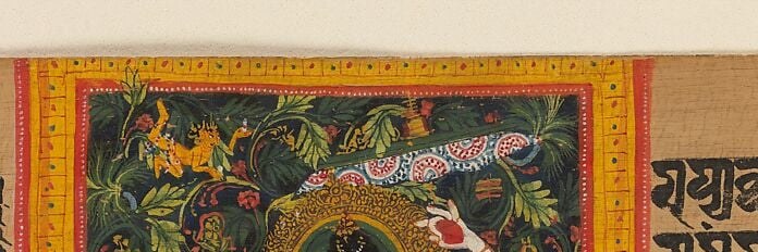 The lush overhead vegetation frames the deity within a celestial grove, a common setting for enlightened beings; individual leaves and blossoms painted in this tiny format demonstrate the artist's miniaturist virtuosity.