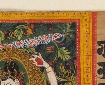 The raised implement (possibly a sword or noose) signals a wrathful or protective aspect; identifying the attribute narrows which emanation of Avalokiteshvara or alternative deity this depicts.