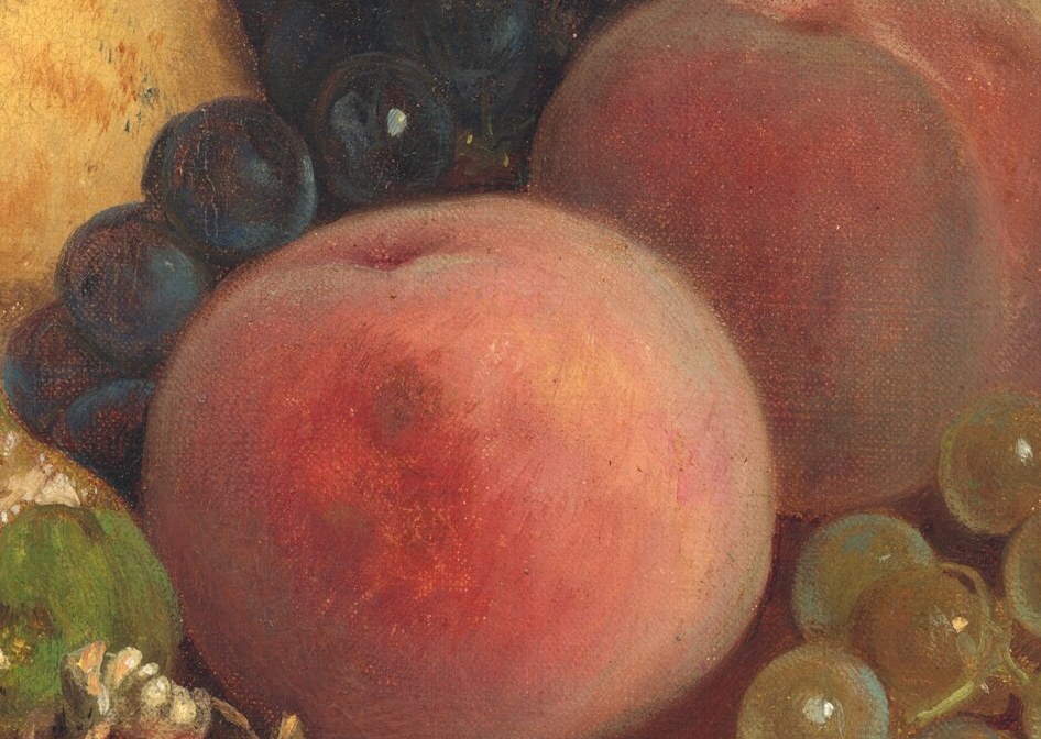 Every object, like this peach, is rendered with tactile precision.