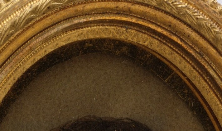 Direct stare. Plain background. Gold on the collar.