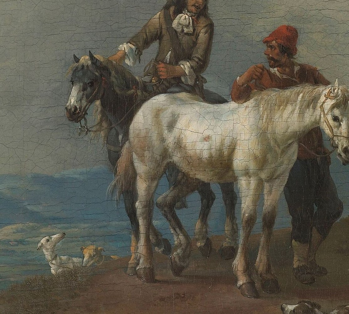 A hunter on horseback leads the way, likely journeying to town.
