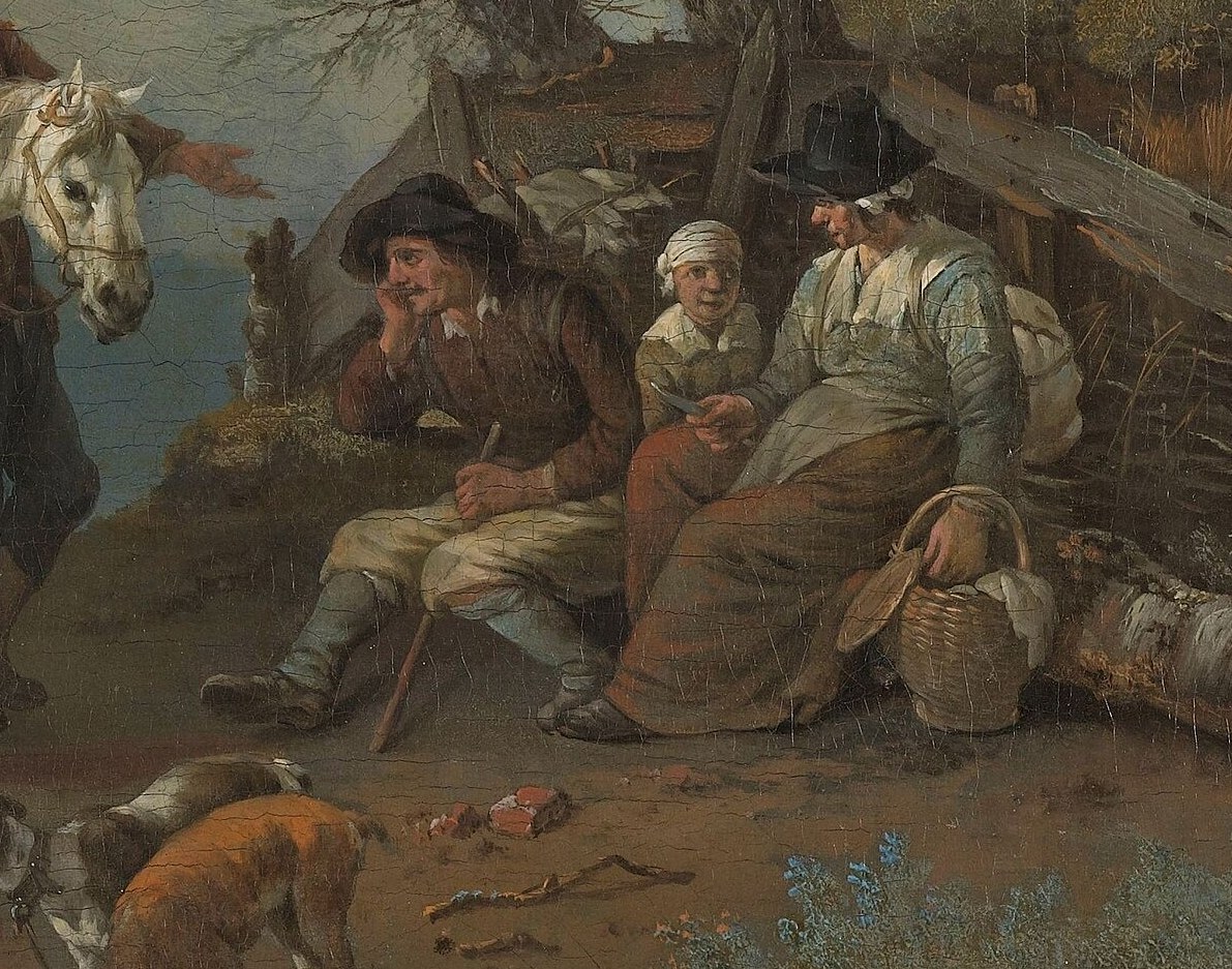 Here, a group rests under a makeshift shelter by the road.