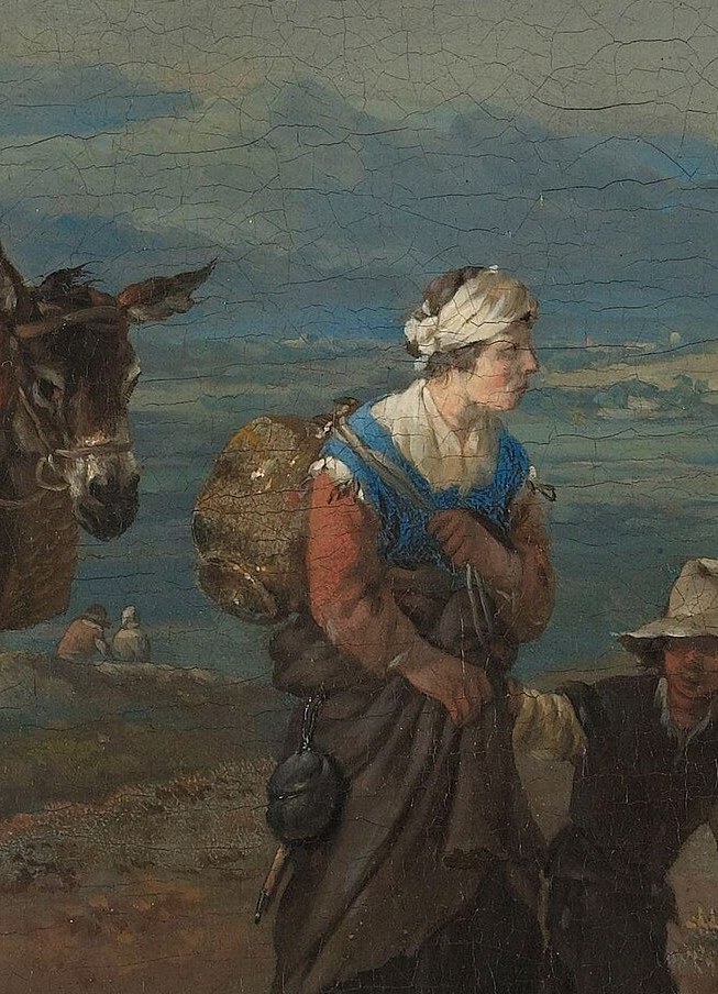 Peasants walk alongside, some carrying bundles and baskets.