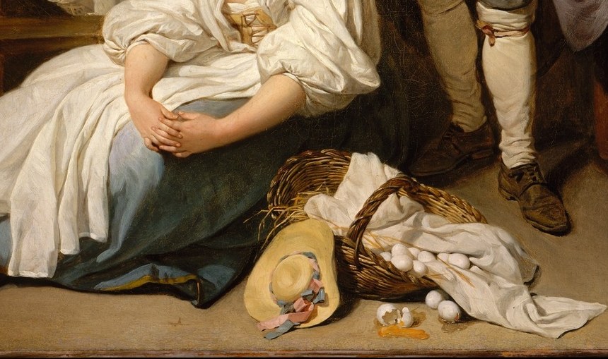The painting's title motif and central symbol: in 18th-century French culture, broken eggs were a well-understood visual metaphor for lost virginity , the moral allegory in miniature