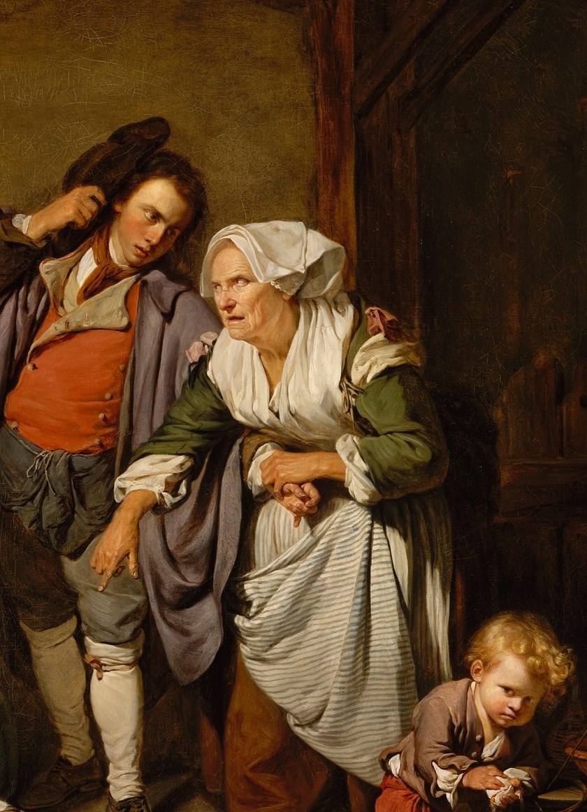 The accusing finger and creased face form the painting's moral voice , she is the embodiment of reproach, a stock figure in Greuze's sentimental genre scenes