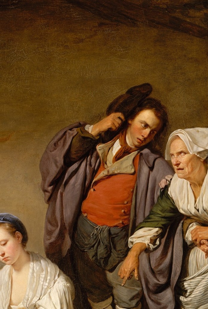 His half-hidden smirk implicates him as the seducer , the broken eggs on the floor are the euphemistic symbol of lost virginity he shares responsibility for