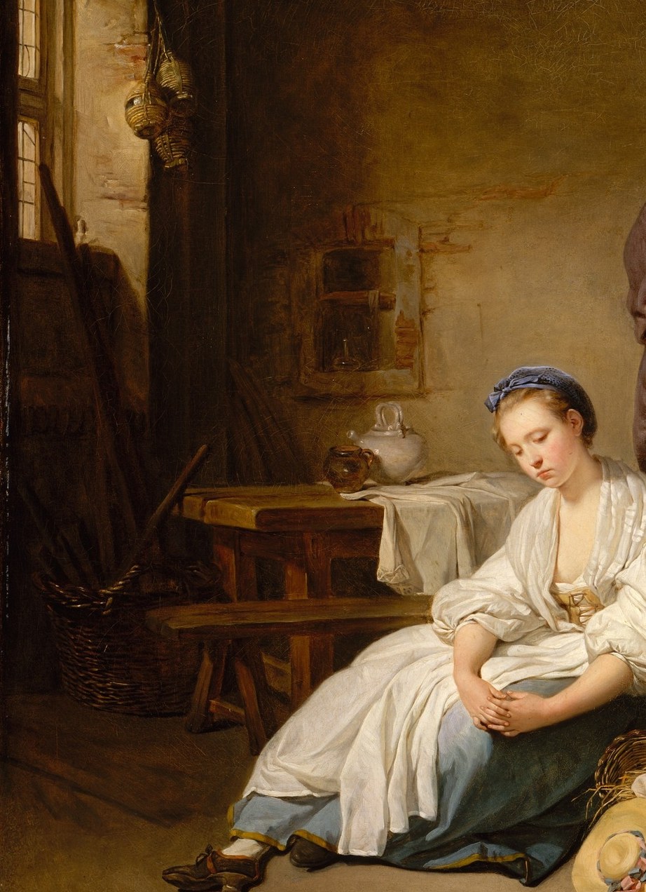 She is the emotional center , her downcast posture and exposed décolletage signal shame or grief, inviting the viewer to read her as the morally fallen figure the composition judges