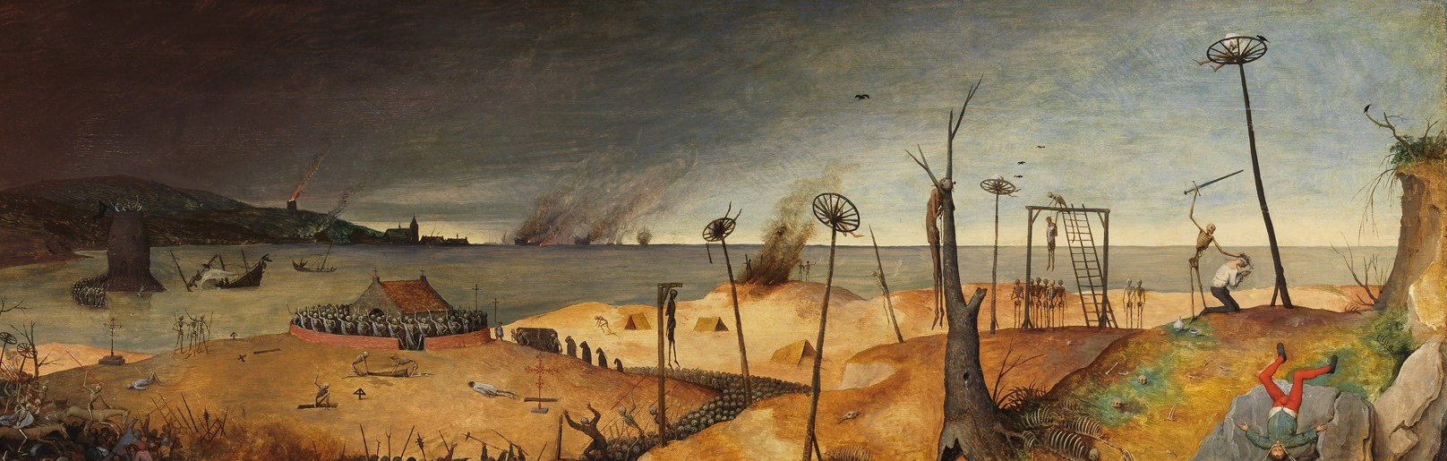 The entire background is civilizational collapse , burning towers, skeleton armies on distant hills, ships on black water; Bruegel constructs a world with no safe corner, no horizon of hope
