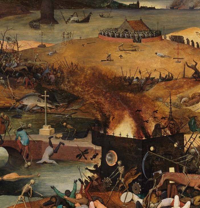 The compositional engine of the painting , a colossal skeletal rider on a gaunt pale horse, scythe lowered, driving all carnage; the largest single figure and the eye's natural landing point