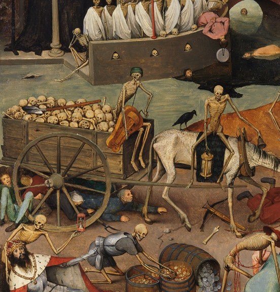 Earthly power made worthless in a single image: crown, robes, and gold coins useless as a skeleton holds an hourglass over the collapsed monarch , the painting's clearest memento mori argument
