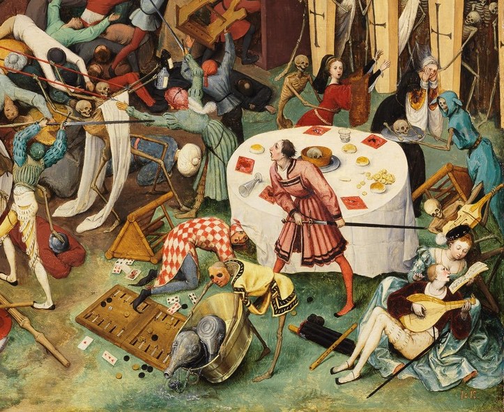 The painting's most quietly devastating corner: a man serenades a woman while a skeleton joins in on the lute behind them, unnoticed , love and music rendered futile yet achingly beautiful
