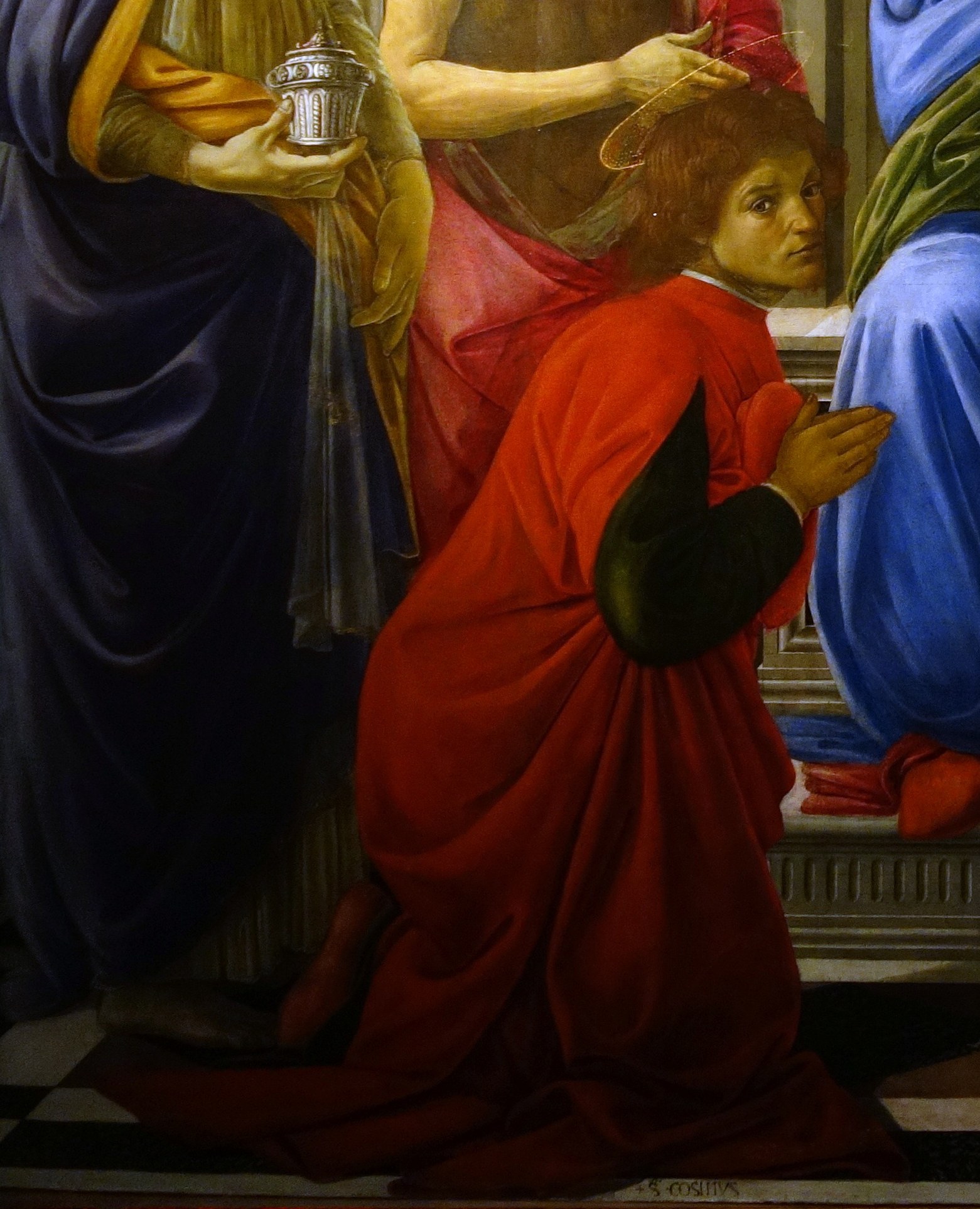 Six saints surround them, but two are kneeling.