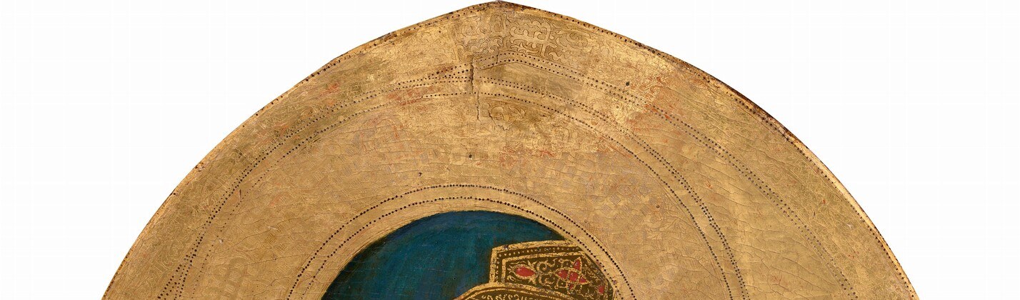 The shaped panel top was designed to interlock with adjacent panels in a five-part polyptych , what looks like decorative framing is actually a structural argument about context: this Madonna was never meant to hang alone.