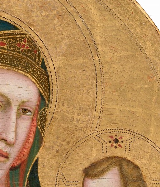 Remarkably naturalistic for c.1310: rounded baby cheeks and alert eyes replace the miniature-adult face of Byzantine tradition , Giotto insists on Christ's genuine physical infancy as a theological statement about the Incarnation.