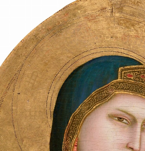 Giotto's breakthrough in humanizing the Virgin , the slightly tilted head and gentle inward expression replace the rigid frontal mask of Byzantine predecessors, making her feel present rather than iconic.