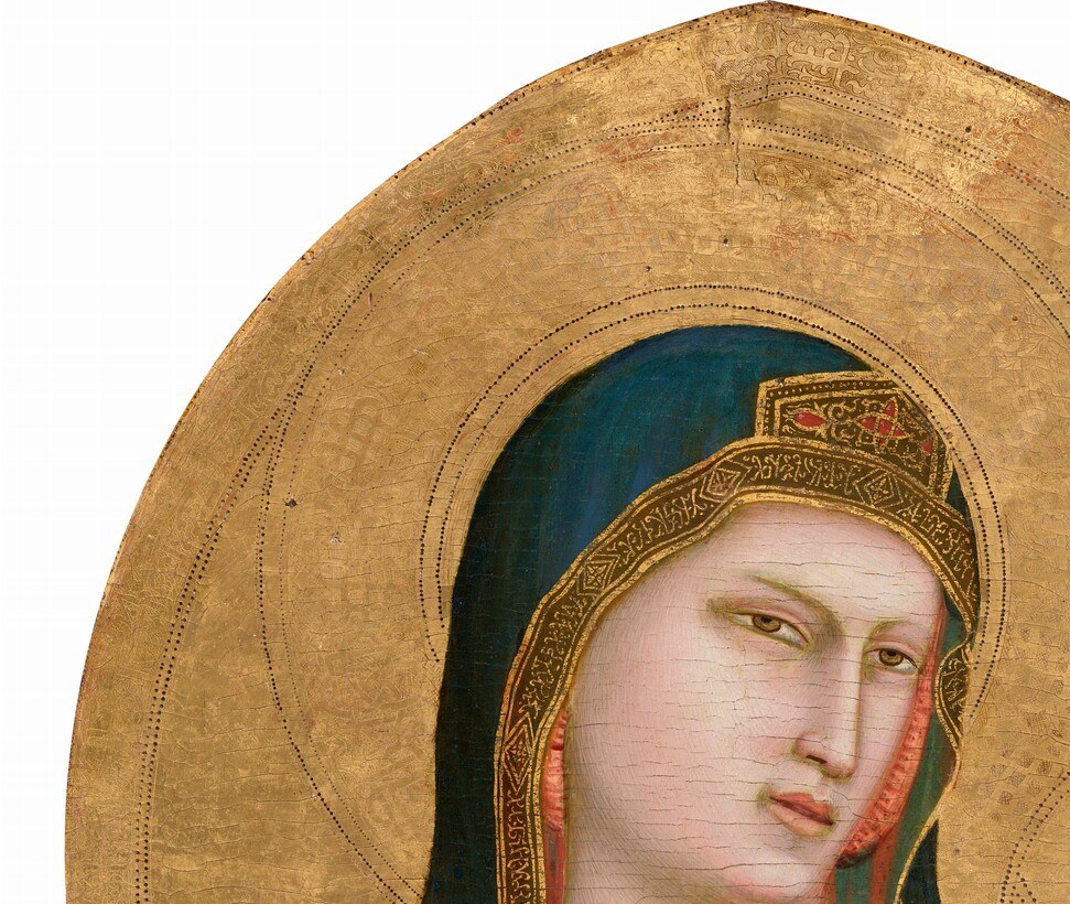 Technical study has shown freehand incised decoration in the gold leaf visible only under raking light , a hidden labor of workshop craftsmanship that the original candlelit church viewer would have seen shimmer but modern reproduction flattens.
