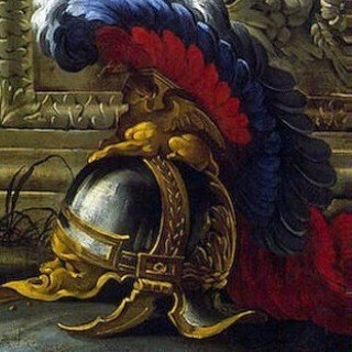 The discarded helmet refers to her power in war.