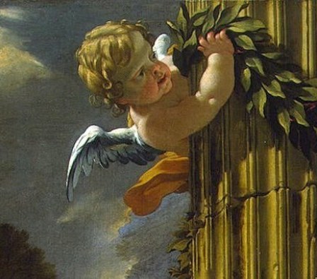 Two putti crown her with laurels of victory.