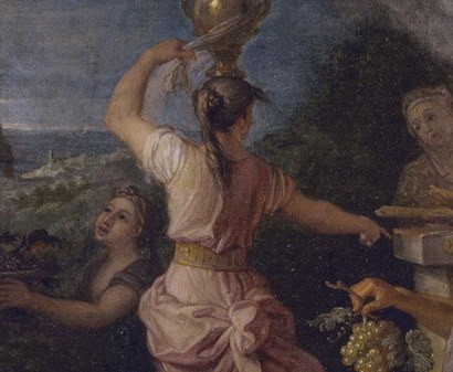 A woman raises an urn, perhaps an offering to Bacchus.