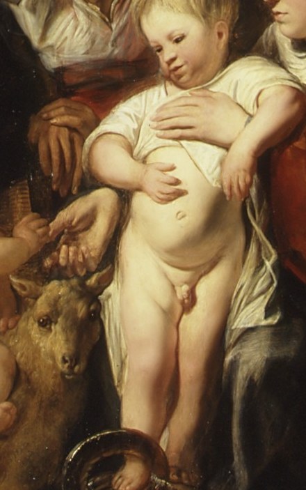 The central axis of the entire composition , the infant's luminous pale body draws every gaze and anchors the family gathering around him.
