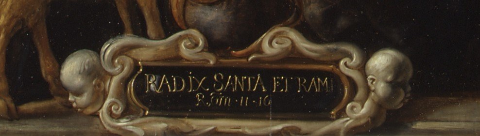 A trompe-l'œil stone tablet bearing the title and date , an in-painting label that blurs the boundary between artwork and documentation, a classic hidden-detail candidate.