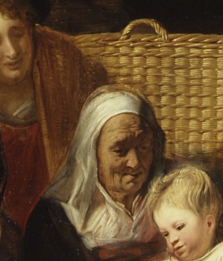 Her weathered features contrast with the children's smooth skin, embodying three generations in one frame , a classic Flemish device.
