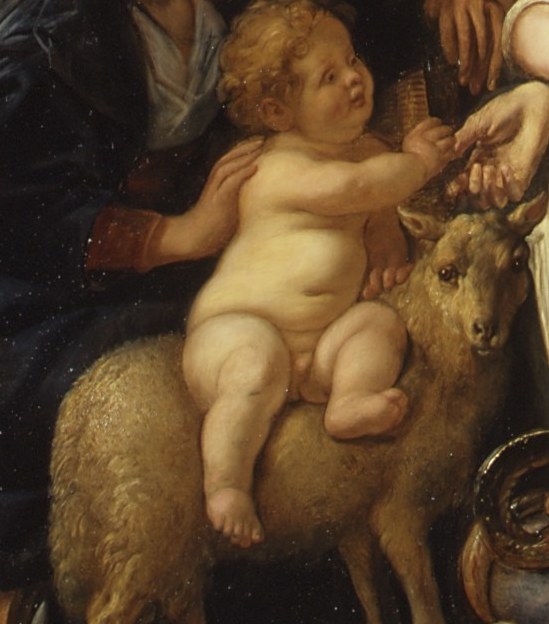The lamb is his standard attribute, prefiguring his role as herald of the Lamb of God , a rich symbolic pairing in a single tight shot.
