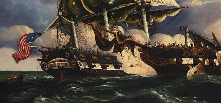 Thick smoke obscures the lower deck and water surface, evoking the fog of battle and explaining why crew figures are invisible , the ship fights unseen, only the vessel and flag remain.