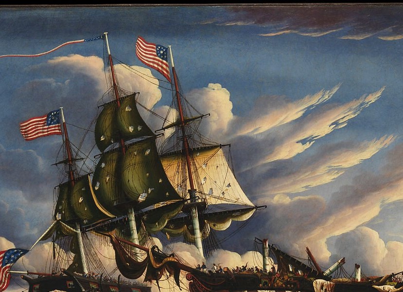The dominant visual mass of the painting , Chambers renders the sails as almost luminous white forms, giving the American ship an almost supernatural presence amid the chaos.