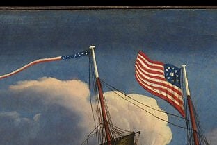 Stars and Stripes planted atop the tallest mast; the national identity is literally the highest point of the composition , a deliberate patriotic statement.