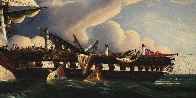The dark painted hull punctuated by open gun ports conveys the Constitution's formidable firepower; the pattern of ports reads almost decoratively in Chambers' folk-art style.