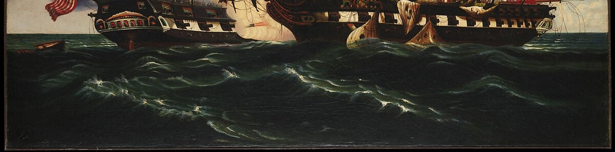 Chambers' signature stylized waves , more decorative than naturalistic , give the sea a brooding, almost stage-set quality that grounds the violence of the encounter.