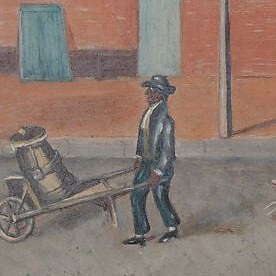 A buttermilk vendor walks his route. Even he is a vanishing figure.